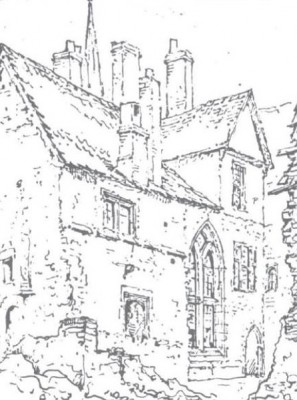 Figure 7. Buckler's sketch of the South West aspect following demolition of the post-medieval wings (Munby 1979, 135).