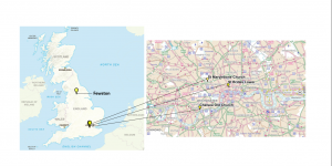 Figure 1: Map of cemeteries studied in this essay. Porter, C, "Map of Cemeteries Used" [JPG map], Scale 1:100000, GB Overview [ geospatial data], Updated: 2019, Ordnance Survey (GB), Using: EDINA Digimap Ordnance Survey Service, <http://digimap.edina.ac.uk/>, Created: October 2019.