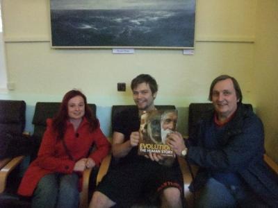 Jenny and Mark presenting Alice Roberts competition winner Sam Briscoe with his prize(Image Copyright - Mark Simpson)