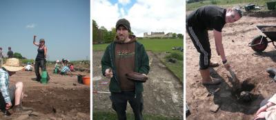 Figure 4 - Beware of. . .Left: Students with Water Sprayers. Centre: Supervisors with Cake. Right: Mattocking Through Archaeology. (Image Copyright - Khadija McBain (Left & Right); Jonathan Finch (Centre))