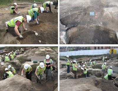 Figure 2 - Top Left: Trowelling back. Top Right: My Feature - Viking pit. Bottom Left: Excavating the Feature. Bottom Right: Recording the Feature. (Image Copyright - YAT Archaeology Live! 2009)