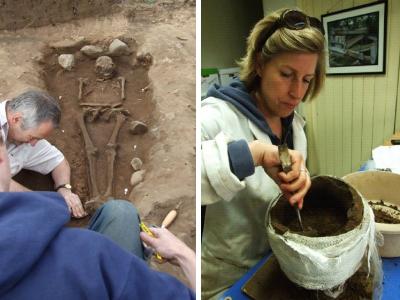 Figure 2 - Burial and Cremation at Heslington East - Left: Roman Burial 2009 - Right: Osteologist Malin Holst Excavating the Collared Urn 2011 (Image Copyright - University of York (Left)/Cath Neal/University of York Archaeology Department(right))