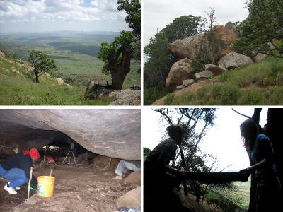 Figure 4 - Rock Shelter: View from the Rock Shelter (Top Left). View of the Rock Shelter (Top Right). Excavating in the Rock Shelter (Bottom Left). Sieving in Rock Shelter Entrance (Bottom Right). (Image Copyright - Jacqui Mellows: Top Left & Right, Bottom Left/Khadija McBain: Bottom Right)