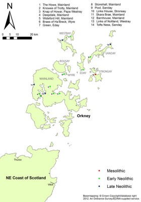 Figure 1: Domestic settlement in Orkney in the 4th and 3rd millennium BC (Reproduced with kind permission of Ordnance Survey)
