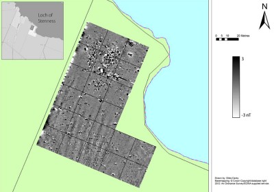 Figure 4: The results of high resolution magnetic survey across the area of the flint scatter at Deepdale (Reproduced with kind permission of Ordnance Survey)