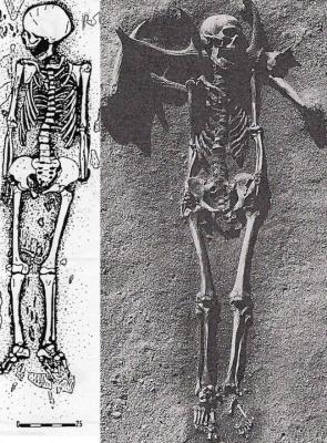 Left to Right Figure 2: Child burial from Coteau Montigne. After Duday et al 1990:41 and reproduced by kind permission of Bulletin et Memoires de la Societe d'Anthropologie de Paris  Grave 22 at Vedbæk Bøgebakken. After Nilsson Stutz 2003:237 and reproduced by kind permission of Erik Brinch Petersen)