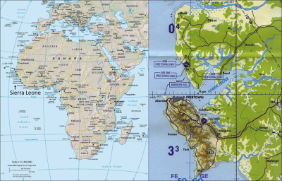 Figures 1 and 2 (L-R): Sierra Leone on the West African coast; Bunce Island 20 miles up the Sierra Leone estuary (Reproduced and modified with kind permission of the University of Texas Libraries)