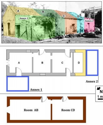 Figure 2. <b>Top</b>: Photomontage artificially colored to differentiate the rooms. Center: plan of the dwelling, where it can be distinguished: <em>in gray</em>, standing remains at the time of the intervention by mid-2011; in <em>beige</em>, foundations of room D; <em>in blue</em>, foundations of Annexes 1 and 2, probably constructed at some point in the 20th century. <b>Bottom</b>: in dark brown, recreation of the original structure of the house by early to mid-19th century (after Ávido 2012a).
