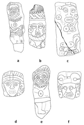 Figure 4. Selected Late Classic Period (600-900 AD). Sculptures from Los Santos Reyes Nopala, Oaxaca: (a) SRN-IGL-24 (redrawn after Bustamante 2003: 110); (b) SRN-PM-06 (redrawn after Bustamante 2003:76); (c) SRN-PP-11 (redrawn after Bustamante 2003:86); (d) SRN-CP-27 (redrawn after Bustamante 2003:116); (e) SRN-IGL-25 (redrawn after Bustamante 2003:112); and (f) SRN-PM-30 (redrawn after Bustamante 2003:122).  Drawings are not to scale (image copyright: Arnaud F. Lambert).