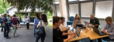 Figure 2. Left : The Heritage Jam at York Cemetery. Right: 'The Inventors' working on the Voices Recognition app prototype (Image Copyright: Dr C Morgan).