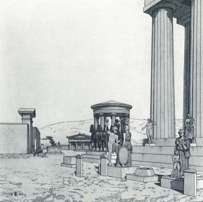 Figure 1. The NE corner of the Parthenon with the temple of Roma and Augustus, late 1st century BC. Restored by G. P. Stevens. Image courtesy of the American School of Classical Studies at Athens. (Stevens 1946, Fig. 1).