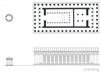 Figure 5. Plan and North elevation of the temple of Roma and Augustus and the Parthenon. Drawing by M. C. Hoff. Reproduced with permission from the Journal of Roman Archaeology (Hoff 1996, 187).