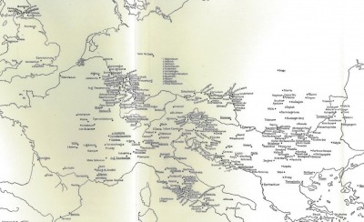 Figure 1. Distribution of Inscriptions, Altars and Mithraea in Britain, Pannonia Superior, Germania and Dacia. Vermaseren, M.J. 1956, 449.