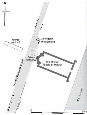 Figure 2. Orientation of Mithraeum to Walbrook Stream. Merrifield, R. 2008, 3.2.3. 