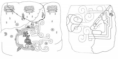Figure 7. A comparison of Monument 1 and a proposed reconstruction of Monument 13 incorporating the sculpture fragment. Drawings are not to scale. (Image Copyright: Arnaud F. Lambert)