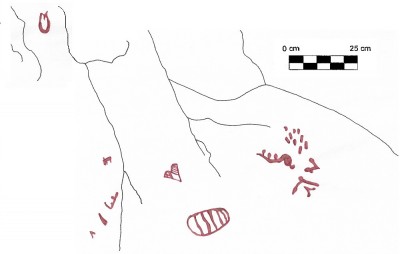 Figure 7: Scaled drawing of the new sections of rock paintings at Cauadzidziqui, with the Section A cave paintings shown on the left and Section B rock paintings shown in the centre and on the right. (Image Copyright: Arnaud F. Lambert).