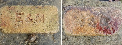 Figures 1 and 2. Examples of firebricks marked E & M or V & D found on Penny Steel, Staithes, North Yorkshire, UK. Author's own. Photographs taken 14th August 2014.