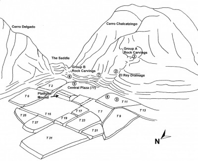 Plate 1: Schematic plan of Chalcatzingo showing the location of the new cup-marked stones: (1) CMS 1-A-2, (2) CMS 1-A-9, (3) CMS 2-A-5, (4) CMS 2-A-8, (5) CMS 3-A-4, (6) CMS 1-B-1, and (7) CMS 1-B-6.  Redrawn and modified after Grove 2000:278, Source: Lambert. A. F 