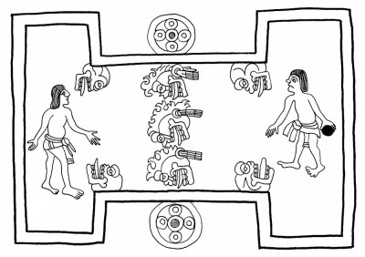 Plate 2: Drawing of an enclosed Postclassic period ballcourt, redrawn after page 68 of the Codex agliabechiano (Nuttall 1903:80). Source: Lambert. A. F. 