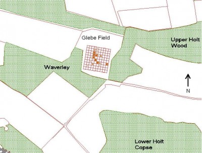 Figure 2: Distribution of Roman pottery in the Glebe field, illustrating the area field-walked in the context of the research area.